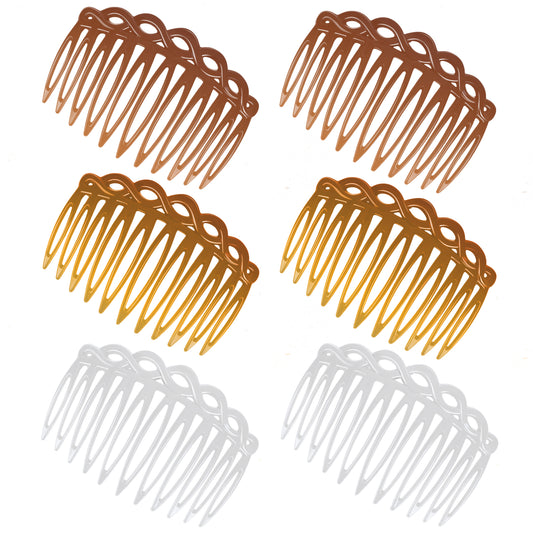 COMNICO 6 Pcs French Hair Side Combs, Women Hair Comb Accessories Plastic Twist Decorative Comb Hair Clips 3 Colors Bridal Wedding Veil Teeth Hair Combs (transparent,dark brown,light brown)
