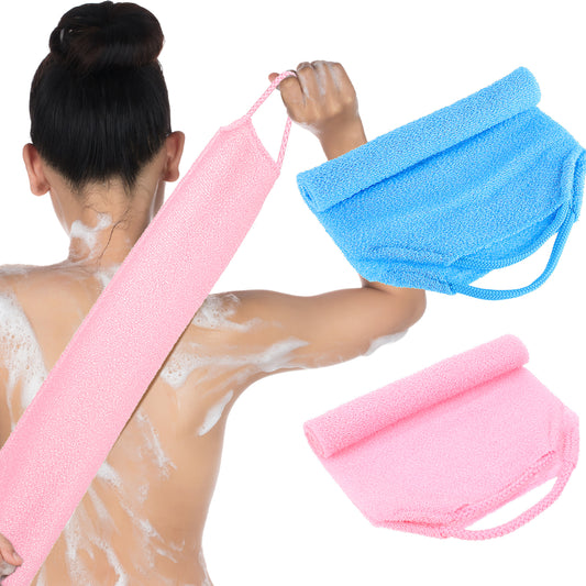 COMNICO 2pcs Exfoliating Back Scrubber Nylon Shower Bath Exfoliator Extended Length Body Scrub Towel Stretchable Pull Korean Washcloth Strap with Handles (Blue+Pink)