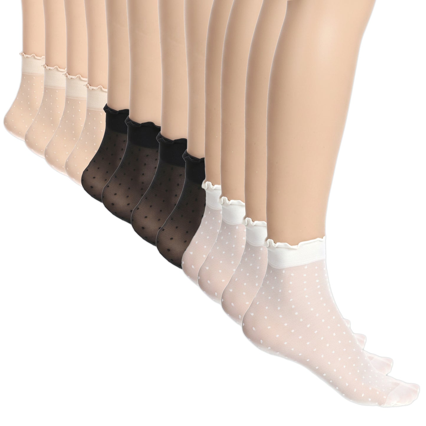 Ptwola 12 Pairs Women Sheer Ruffle Socks Cute Frilly Lace Crew Socks Summer Cool See Through Thin Stocking Women's Fishnet Floral Lace Transparent Sock