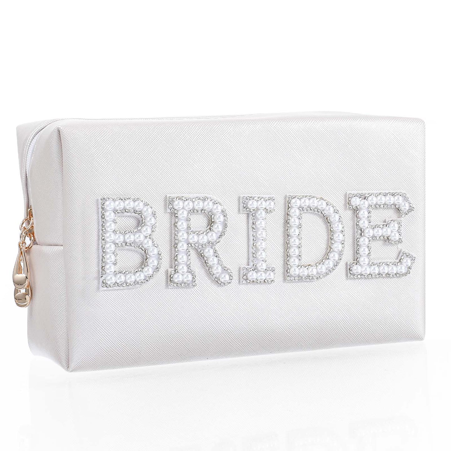 Sibba Bride Patch Letter Makeup Bag Bridesmaid Engagement Travel White Pearl Bag Cosmetic Bags Letter Patch Toiletry Bag Rhinestone Pouch Wedding Purse Valentine's Day Cases for Bridal Shower