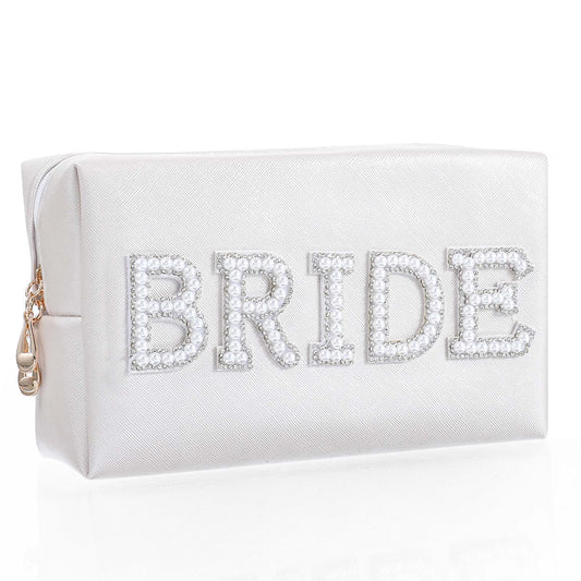 Sibba Bride Patch Letter Makeup Bag Bridesmaid Engagement Travel White Pearl Bag Cosmetic Bags Letter Patch Toiletry Bag Rhinestone Pouch Wedding Purse Valentine's Day Cases for Bridal Shower