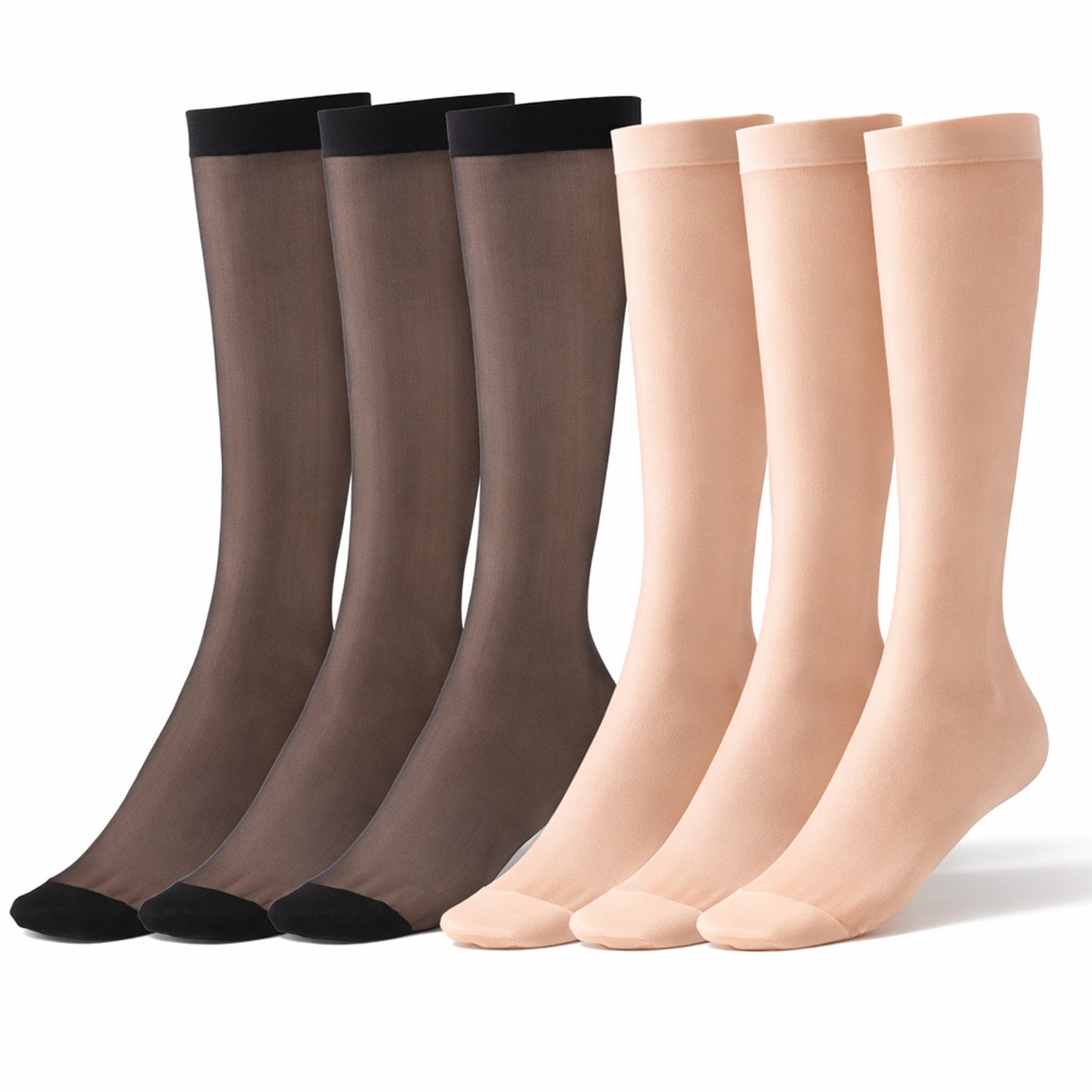 Hadnves 6 Pairs Women's Knee High Stockings Reinforced Toes Black Knee High Stocking Nude Sheer Compression Socks Support Hose Silky Knees High-Stocking for Women HighHeels And Flats