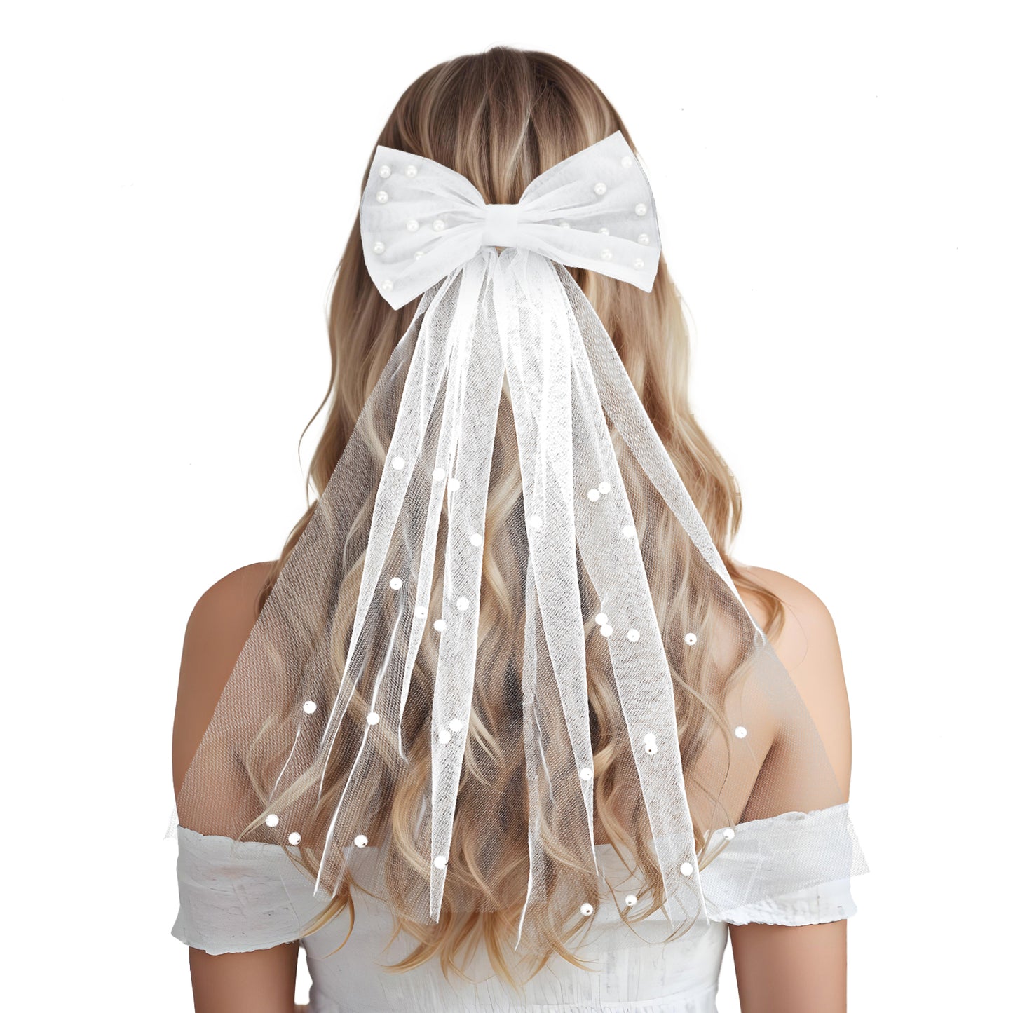Bridal Veil White Pearl Hair Bow Veil Bride Wedding Knot Veil Bachelorette Party Veil with Barrette Tulle Bridal Short Veils Elegant Engagement Layer Hair Clip Accessories for Women Girls