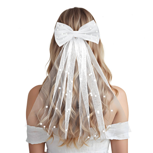 Bridal Veil White Pearl Hair Bow Veil Bride Wedding Knot Veil Bachelorette Party Veil with Barrette Tulle Bridal Short Veils Elegant Engagement Layer Hair Clip Accessories for Women Girls
