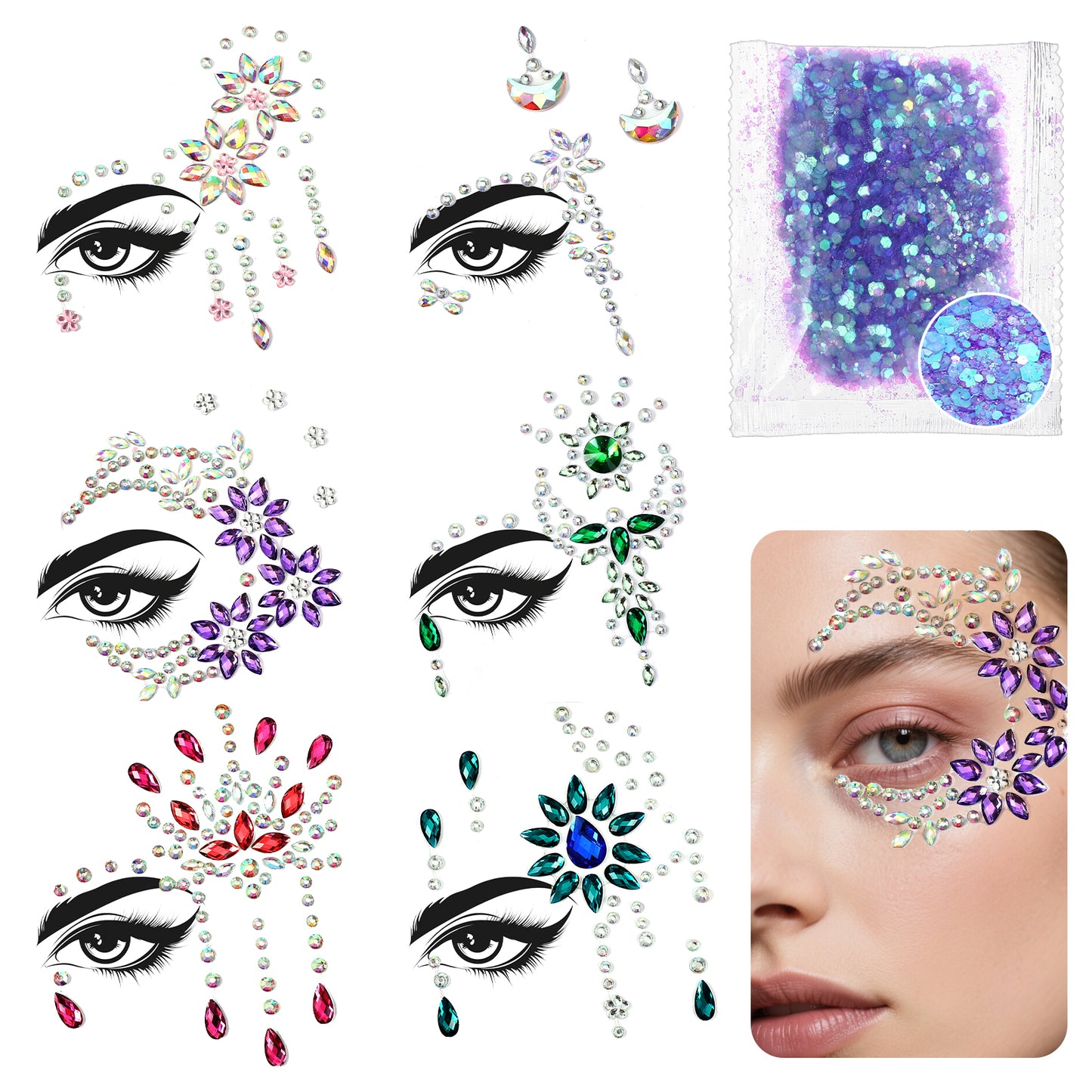 Sibba 6 PCS Gemstone Face Stickers with Sparkling Glitter, Crystal Sticker Face Gems Rhinestone Sticker Stick On Jewels Eyes Body Makeup Temporary Tattoo Stickers for Festival Race Carnival Rave Party