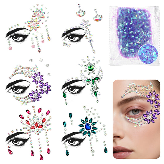 Sibba 6 PCS Gemstone Face Stickers with Sparkling Glitter, Crystal Sticker Face Gems Rhinestone Sticker Stick On Jewels Eyes Body Makeup Temporary Tattoo Stickers for Festival Race Carnival Rave Party