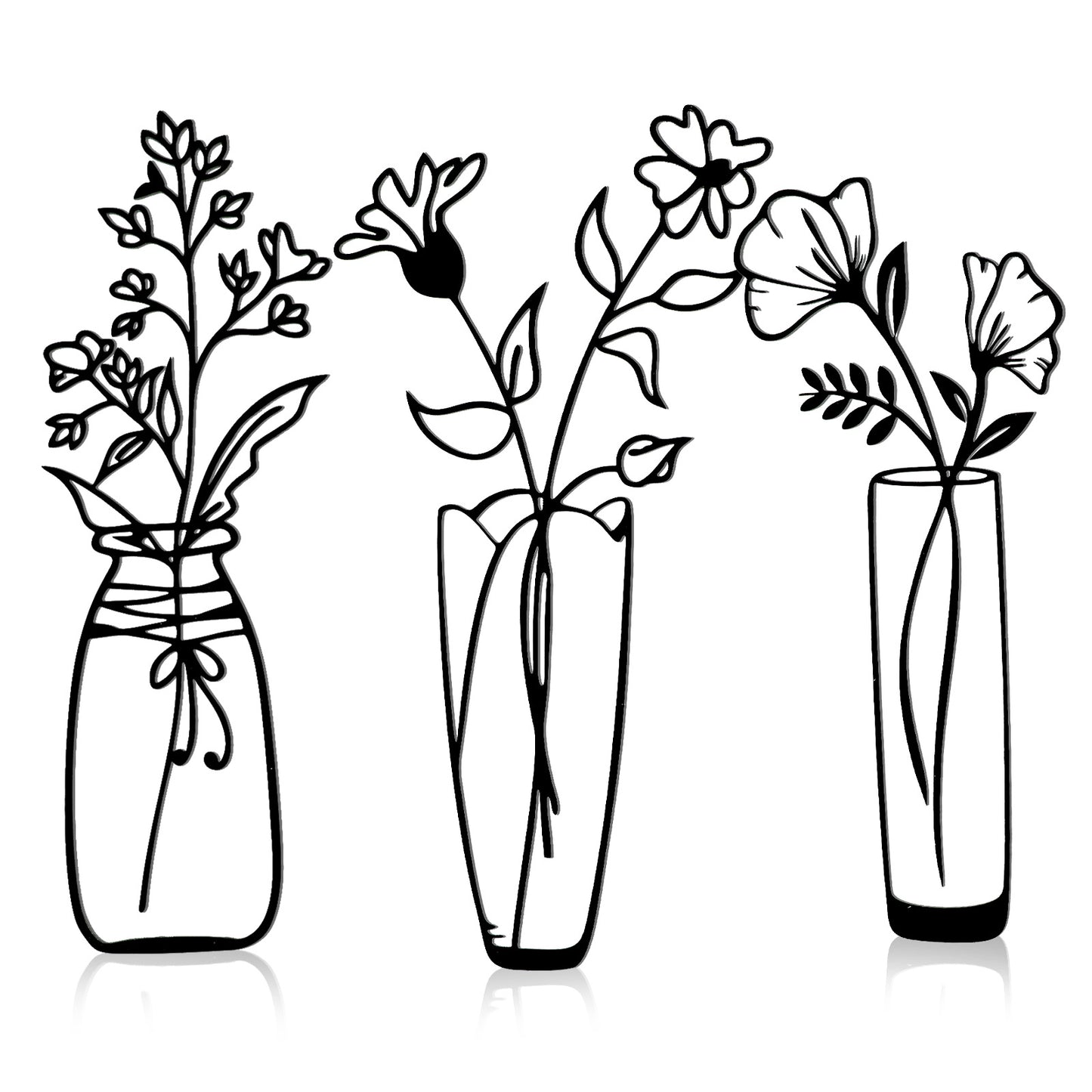 Wanmu 3 Pieces Flowers Wall Decor, Minimalist Vase Art Wall Sculptures Hanging, Elegant Bedroom Wall Arts Home Decorations for Indoor Kitchen Living Room Bathroom Farmhouse- Black