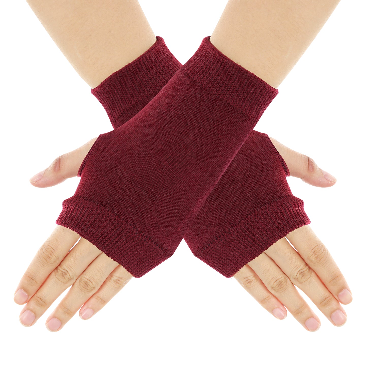 Sibba Fingerless Gloves For Women Winter Cold Weather Knit Mittens Typing Office without Fingertips Half Heated Finger Wrist Cuff Warmers Elastic Costume Work Writing with Finger Hole (Wine red)
