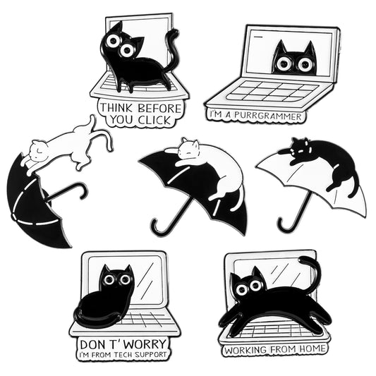 Cat Enamel Brooch Funny Cartoon Animal Pin Cute Alloy Lapel Pins Halloween Cat Decoration Badge Clip for Clothes Valentine's Day Gift (Kitten, computer and umbrella, 7)