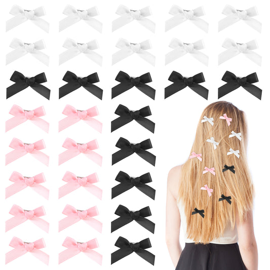 30PCS Bow Hair Clips Mini Satin Bowknot Ribbons Kawaii Hair Bows Non-Slip Hair Barrettes Cute Solid Color Claw Clip Small Ribbon Hairpins Hair Accessories for Women Girls