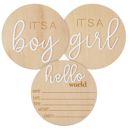 COMNICO 3pcs Wooden Newborn Announcement Sign, Its a Boy Its a Girl Hello World Boho Gender Reveal 5.9in Birth Welcome Birth Name Plaques for Hospital Nursery Baby Shower He She Photography Prop