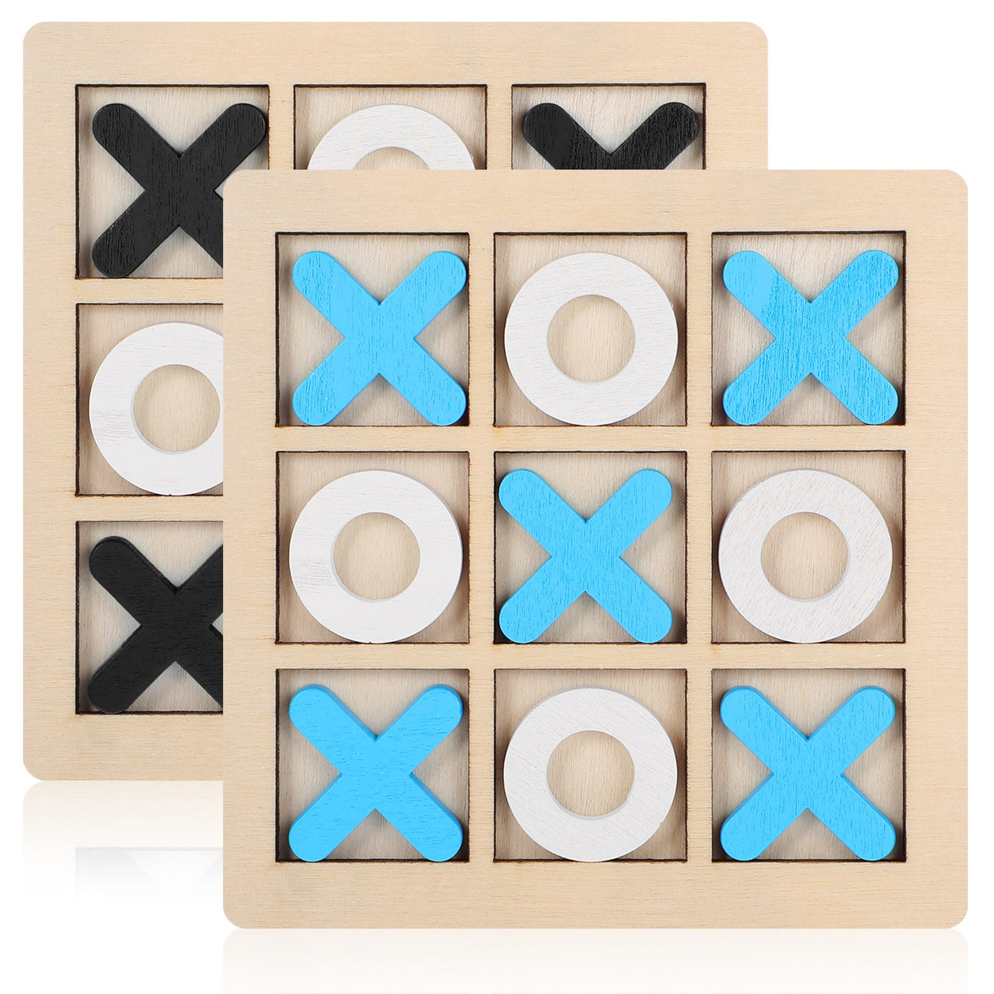 Gjinxi 2 Pcs XO Noughts and Crosses Game, Wooden Naughts Crosses Toe Games Classic Family Games Interactive XO Chess Board Game with Blue and White XO Chess for Family Travel