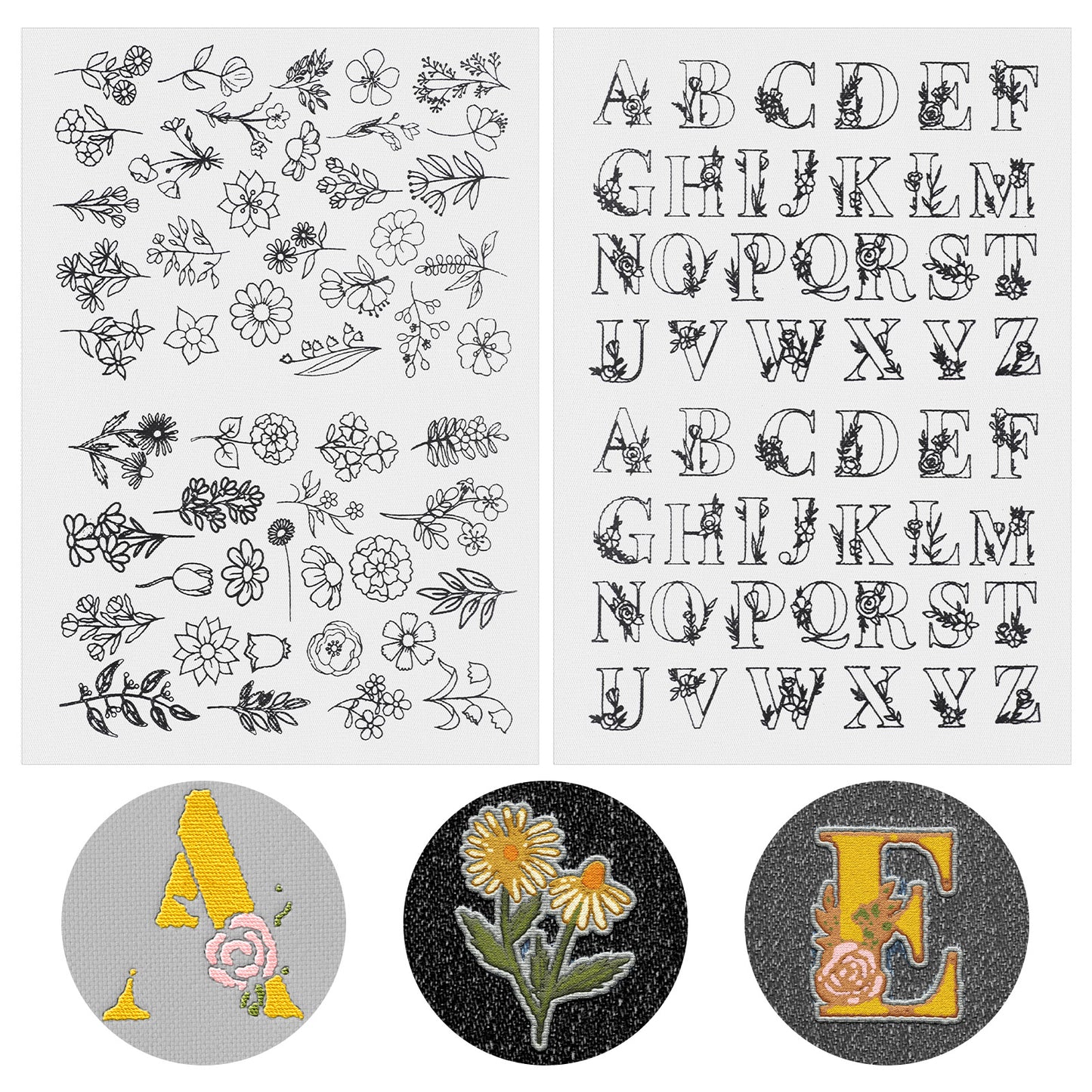 YBEATY 2 Sheets Water Soluble Embroidery Pattern Pre-Printed Hand Sewing Stabilizers Self Adhesive Stick Stencils Transfers Letter Flower Stitch Paper Wash Away Stabilizers for Cloth Adult