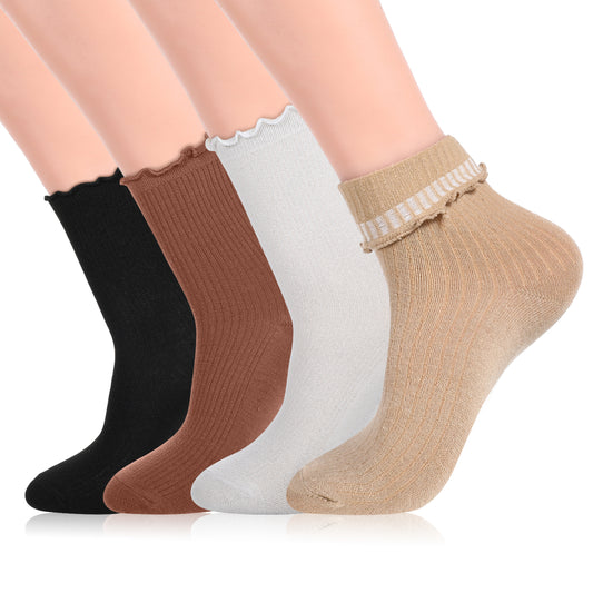 Sibba Ruffle Socks Women 4 Pairs Trim Ruffle Frilly Turn Cuff Socks Vintage Dress Socks Lightweight Cotton Socks Crew Ankle Boot Socks Winter Solid Thick Warm Socks Cozy Crew Socks