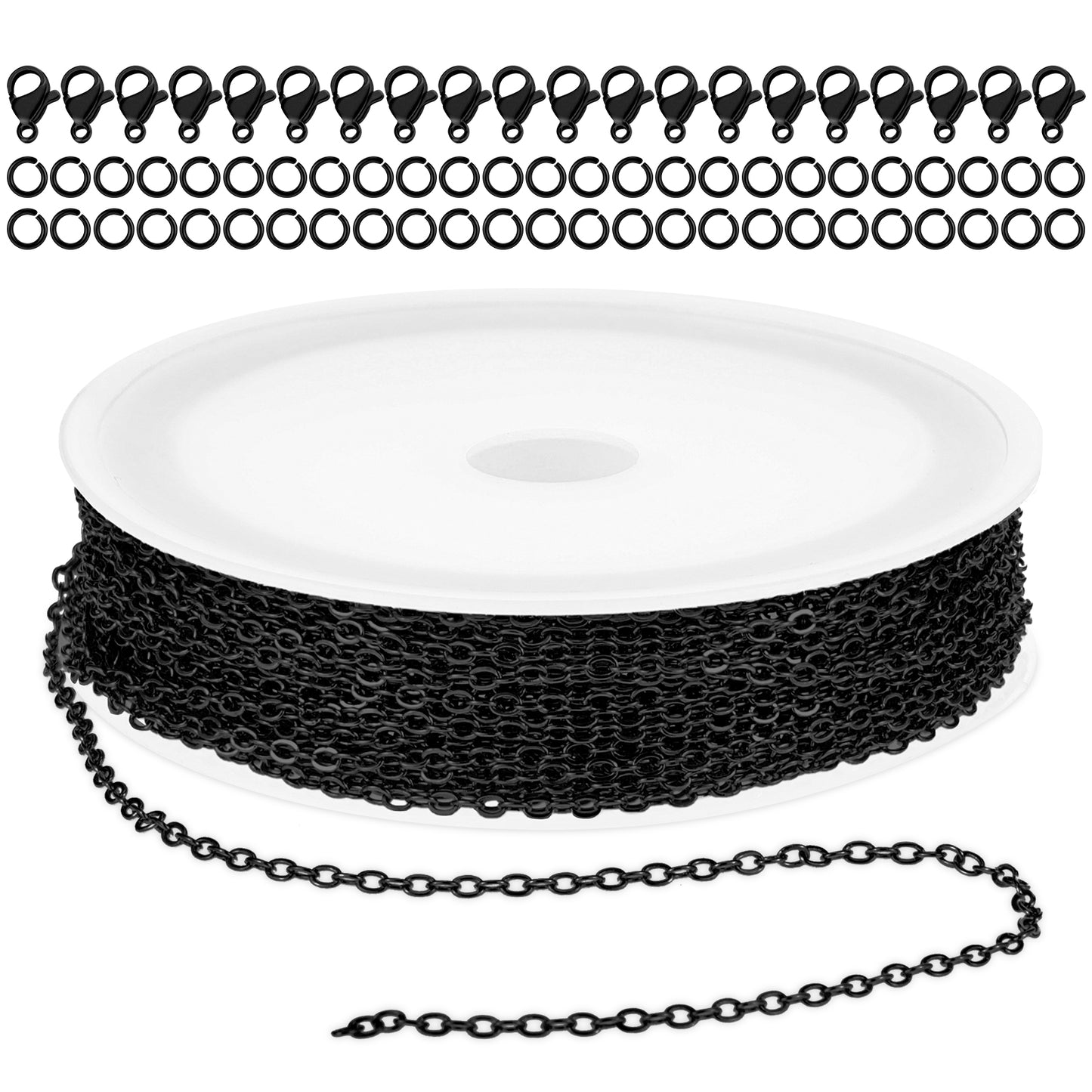 COMNICO 33ft(10m) Stainless Steel Jewelry Chain 1.5mm DIY Craft Links Supplies Findings for Making Necklace Earring Bracelet, Metal Cable Roll 20pcs Lobster Clasps 50pcs Jump Rings (Black)