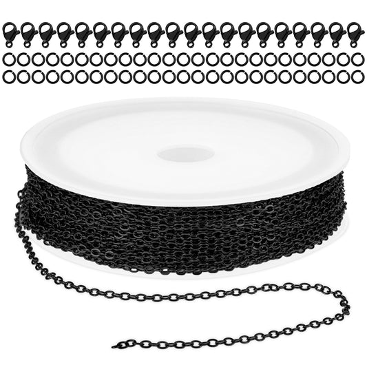 COMNICO 33ft(10m) Stainless Steel Jewelry Chain 1.5mm DIY Craft Links Supplies Findings for Making Necklace Earring Bracelet, Metal Cable Roll 20pcs Lobster Clasps 50pcs Jump Rings (Black)