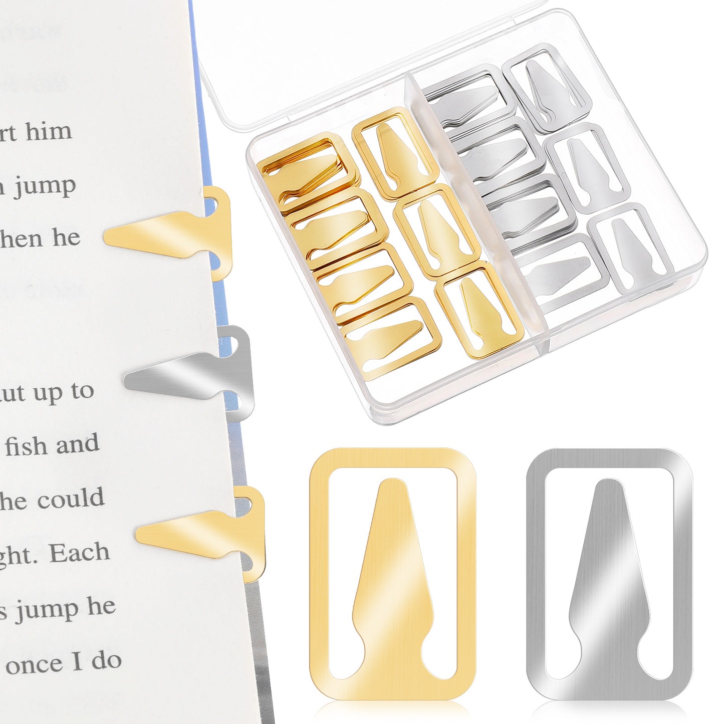 Wanmu 100Pcs Metal Book Darts Bookmark Tin Mixed Page Markers for Books Brass and Silver Book Clip for Teachers, Students, Readers