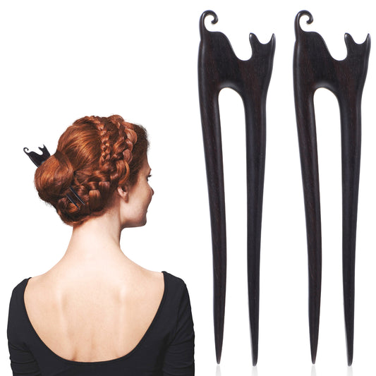 2Pcs U Shape Wooden Hair Sticks, Handmade Carved Wood French Hair Forks Hair Sticks for Long Hair, Cute Cat Kitty Design 2-Prong Vintage Wood Hair Pins for Women Chignon Bun Updo Hairstyle Accessories