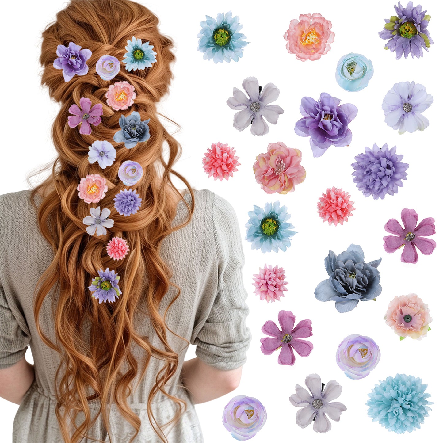21PCS Boho Flower Hair Clip, Artificial Hair Flowers Barrettes, Hawaiian Silk Flower Bride Claw Clip Hairpin for Wedding Beach Party Hairs Accessories (Blue & Purple)