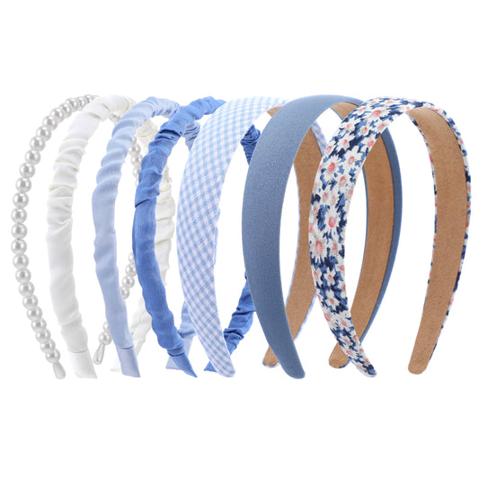 COMNICO Fashion Headbands for Women, 7 Pieces Non Slip Girls Headbands Set Cute Fabric Sparkly Multiple Color Hair Bands Hair Accessories for Women Girls Kids (Blue)