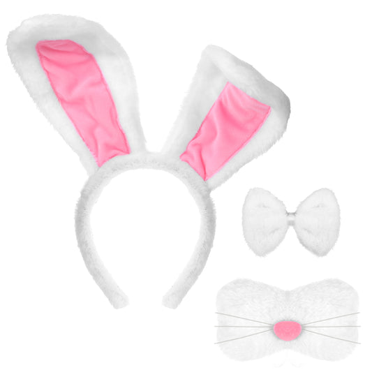 COMNICO Easter Bunny Costume Set, White Rabbit Bunny Ears Headband and Bow Tie Rabbit Tail Bunny Accessories for Women Adults Kids Easter Party(White)