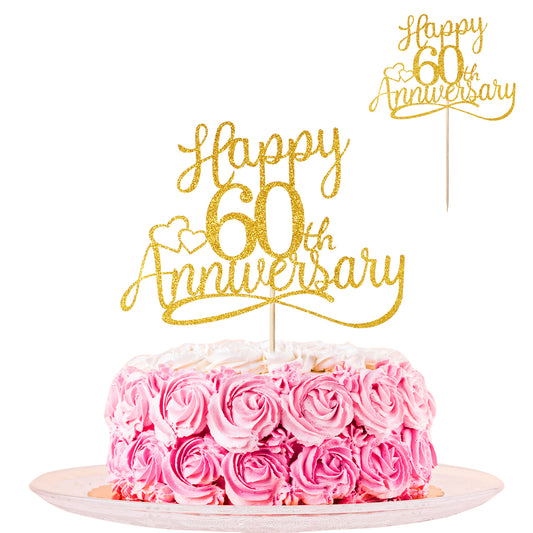 Sibba Golden Glitter Happy 60th Anniversary Cake Toppers Wedding Anniversary Party Decorations Frosting Card Picks Party Supplies Company Anniversary Pantry Staples Cooking Baking(60th Gold)