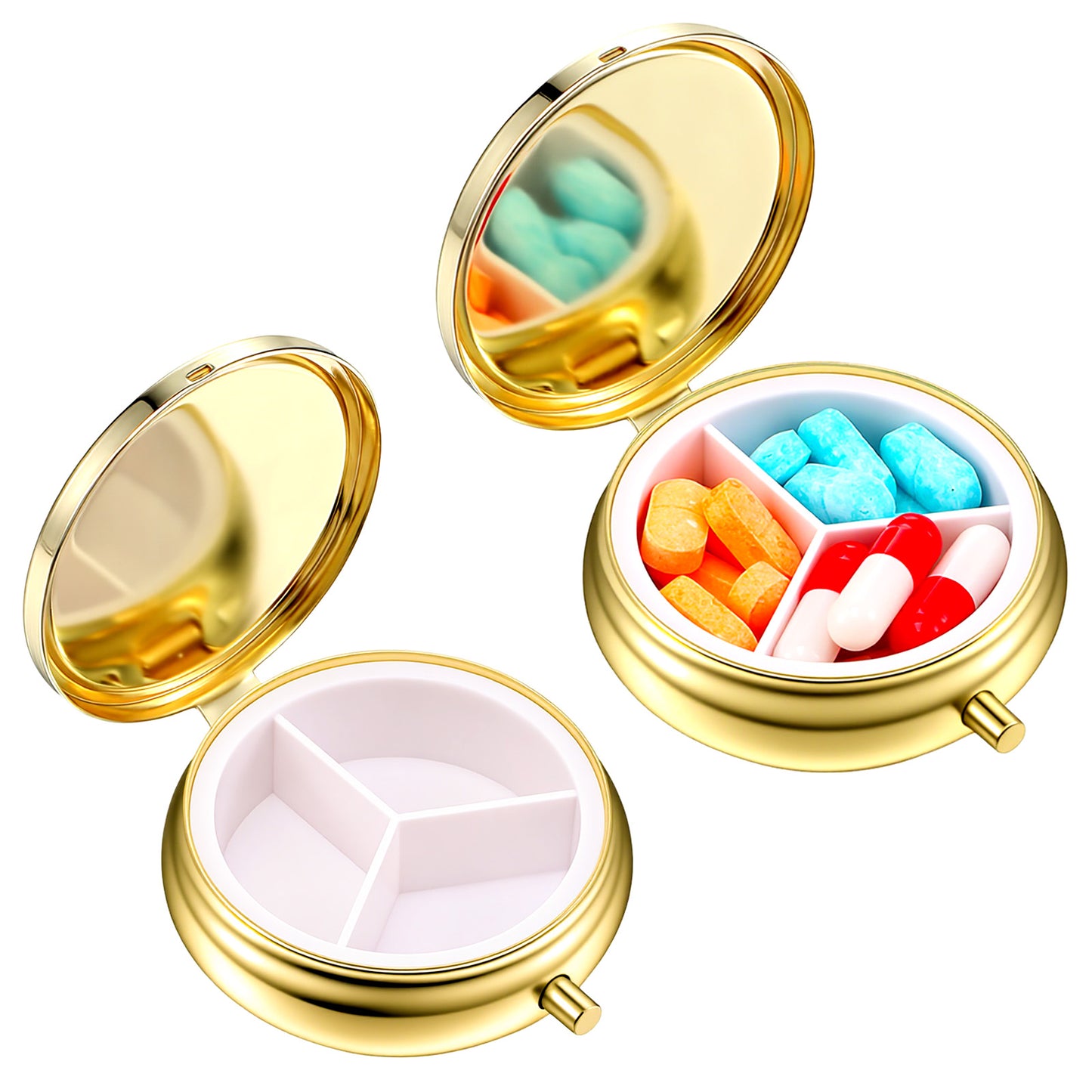 Wanmu 2Pcs Pill Box, 3 Compartment Round Small Pill Case & 1 Compartment Cute Travel Pill Organizer, Waterproof Metal Pills Container Holder for Vitamins Medication Fish Oil Supplements(Gold)