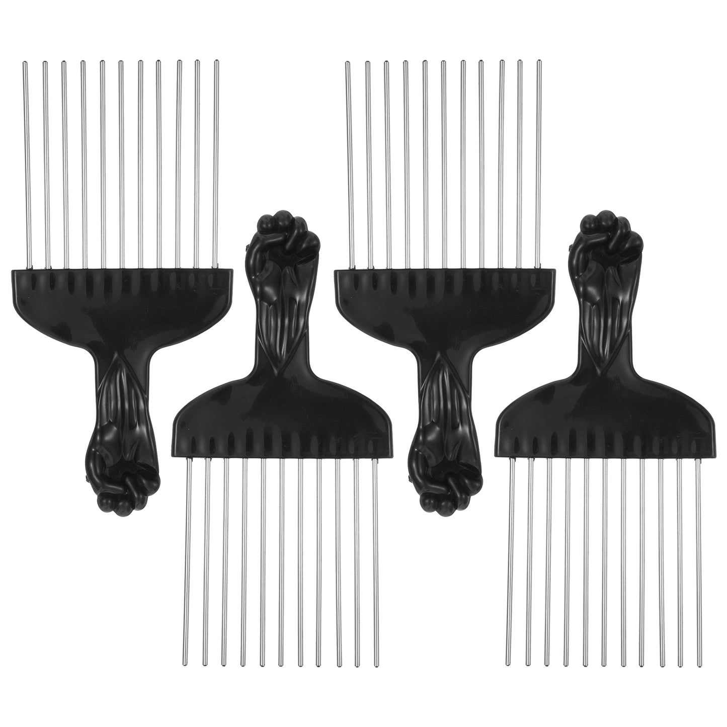 Gjinxi 4 PCS Afro Hair Picks Curly Hair Plastic Metal Styling Pick Black Fist Design Steel Handle Comb Set Detangling Lift Hairdressing Wig Detangler Tools for Natural Braid Men Women Travel