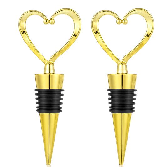 COMNICO 2 Pack Heart Wine Stopper Decorative Beverage Bottle Sealers Cover Wine Outlet Cap Reusable Rubber Plug Cork Sealing Saver for Wine Champagne Beer Collection(Gold)