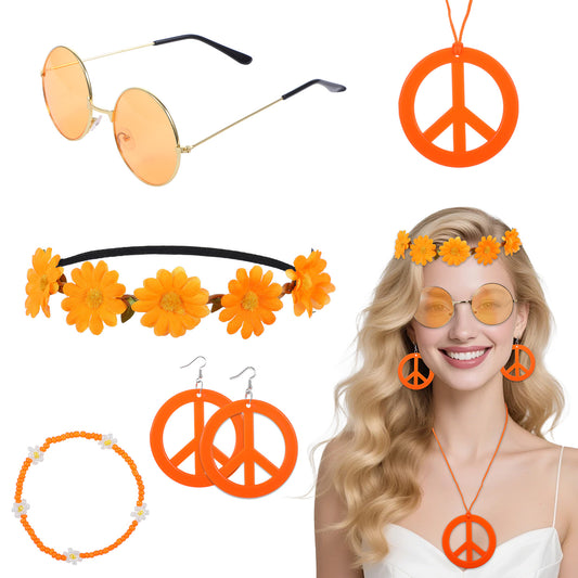 6Pcs Hippie Costume Accessories Set, Boho Peace Sign Daisy Flower Round Hippie Sunglasses and Peace Sign Necklaces and Earrings 60s 70s Party Favors Decorations for Groovy Party Girls Women