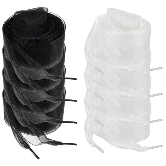 Sibba Flat Snow Yarn Shoelaces 4 Pairs Sneakers Shoelaces Wide Shoe Laces White Ribbon Shoe Laces Fancy Black Satin Shoelace Soft Lace Flat Sheer Shoe Laces for Women Girls
