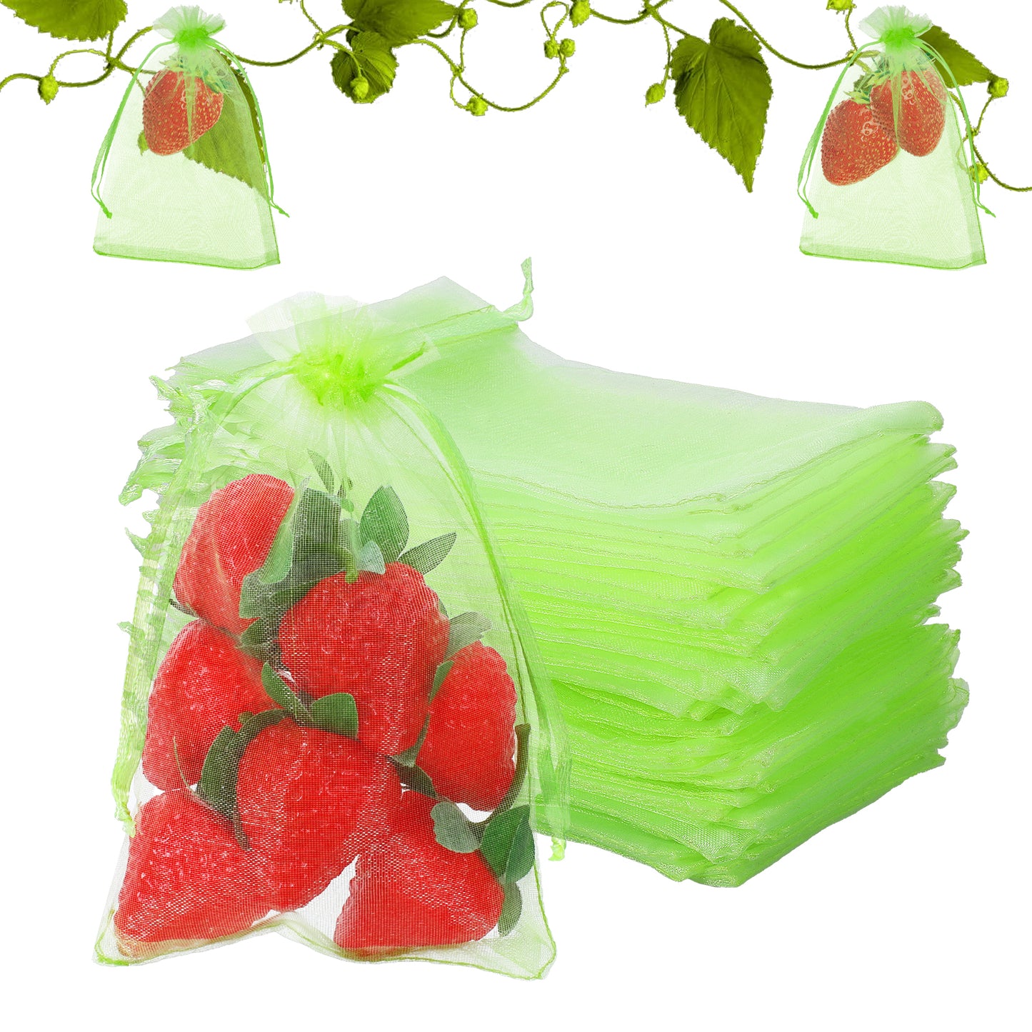 100 Pcs Fruit Protection Bags 4x6 Inch Green Strawberry Netting Cover Drawstring Mesh Bags Fruit Protectors Pest Barrier for Tomato Mango Blueberry Fruits Trees Veggies Garden