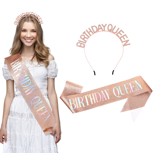 Sibba Birthday Crowns Sash Tiara Birthday Queen Rose Gold Headband Rhinestone Happy Birthday Hairband Cute Decoration Accessories Shiny Princess Crown for Women Girls Party