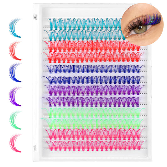 Wanmu 300 Pcs Fairy Colored Lash Extensions Clusters, 3D Colored Lash Clusters False Eyelashes Individuals Eyelash Cluster D Curl 14mm/16mm Mixed 8 Colors DIY Colorful Eyelash Kit (No Glue)