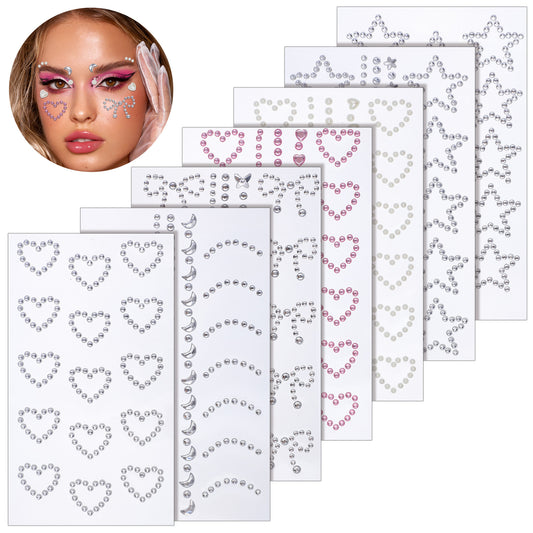 7 Sheets Face Makeup Gems Stickers Self Adhesive 3D Star Heart Moon Shape Jewels Sparkly Face Rhinestone Stickers Stick on Gems Pearl Rhinestones Sticker Faces Hair Makeup Body Crafts Festival Decor