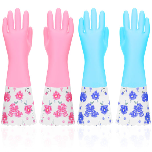 2 Pairs Rubber Cleaning Gloves Household Kitchen Dishwashing Gloves Long Cuff Glove with Cotton Flocked Liner Reusable Waterproof Non-Slip Household Glove for Bathroom Laundry Gardening Gift for Mom