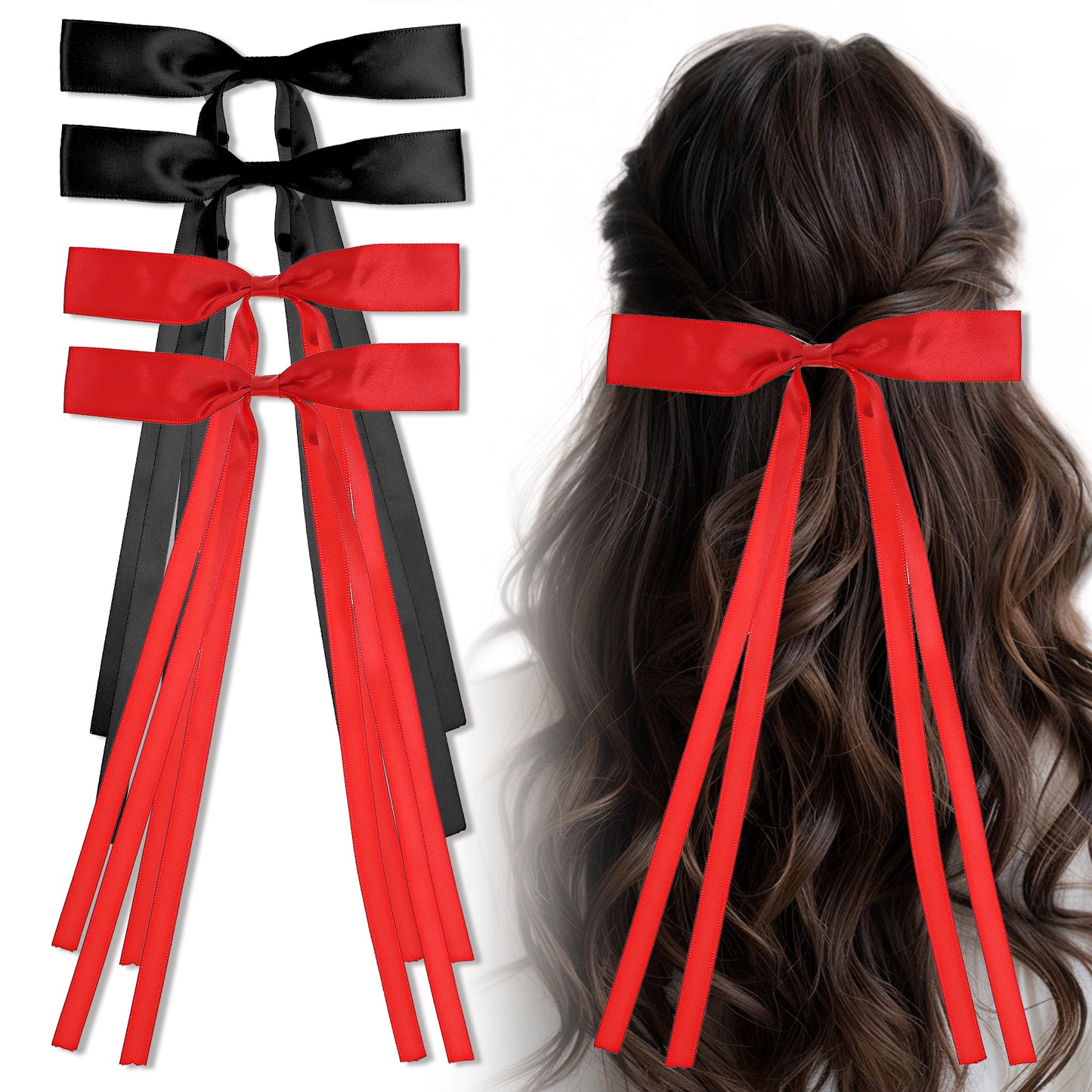 4PCS Hair Bows Clips Tassel Ribbon Bowknot Hair Barrettes Metal Alligator Clips Solid Hair Pins Long Tail Satin Hair Accessories for Party Women Girls (black+white+pink+red)