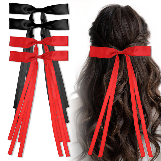 4PCS Hair Bows Clips Tassel Ribbon Bowknot Hair Barrettes Metal Alligator Clips Solid Hair Pins Long Tail Satin Hair Accessories for Party Women Girls (black+white+pink+red)