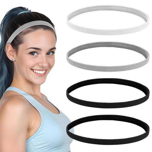 Thin Headbands For Women 4 PCS Non Slip Workout Sweatbands Elastic Sports Headband Sweatband Athletic Running Sport Soccer Womens Stretchy Yoga Skinny Headband Elastic Hair Bands