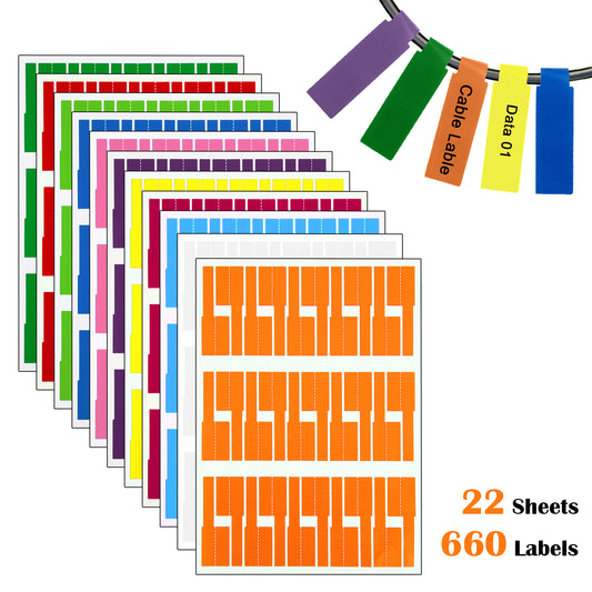 Wanmu 22 Sheet 660Pcs Cable Labels, 9 Color Self Adhesive Cord Labels Tags, Waterproof Wire Labeler Markers Tags for Electronics Charger Ethernet Management Laser Printer Handwriting