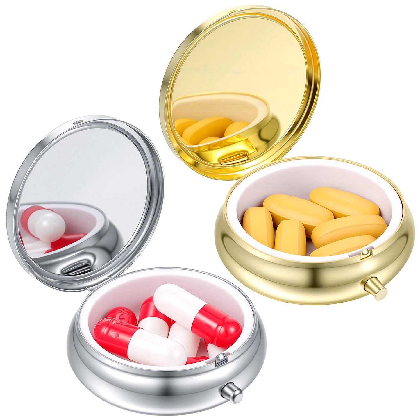 Sibba Small Pill Case, 2Pcs Portable Medicine Box for Purse & Pocket, Dosey Pill Organizer Waterproof Metal Med Case for Vitamins Fish Oil Supplements, Gold Silver
