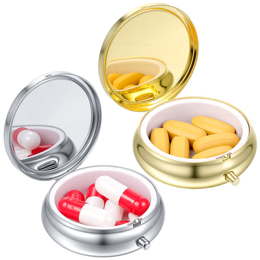 Sibba Small Pill Case, 2Pcs Portable Medicine Box for Purse & Pocket, Dosey Pill Organizer Waterproof Metal Med Case for Vitamins Fish Oil Supplements, Gold Silver
