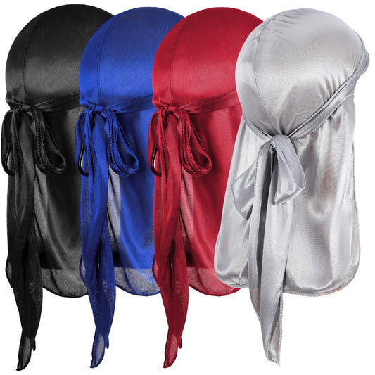 Wanmu 4 Pcs Kids Satin Durags Head Wrap Silky Durag with Wave Caps Set Headwraps with Long Tail Wide Strap 360 Waves Cap Silky Satin Durag Extra Long Tails for Boys Girls