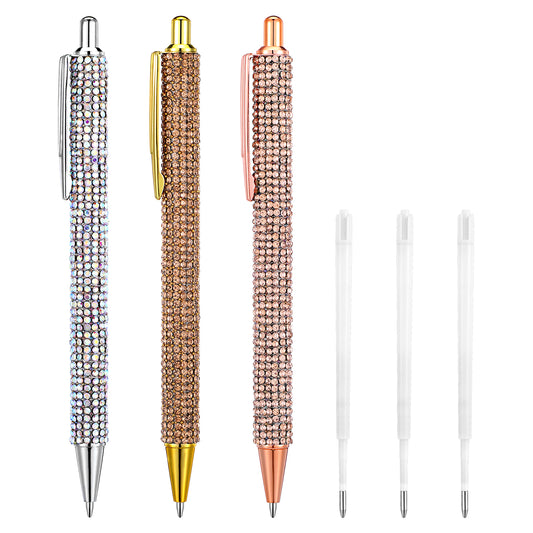 3 Pcs Bling Rhinestone Sparkly Pens for Women with 3 Pcs Black Ink Refills Cute Fancy Pens Diamond Crystal Glitter Ballpoint Office Supplies Beautiful Gifts for Girl Office School Christmas Graduation