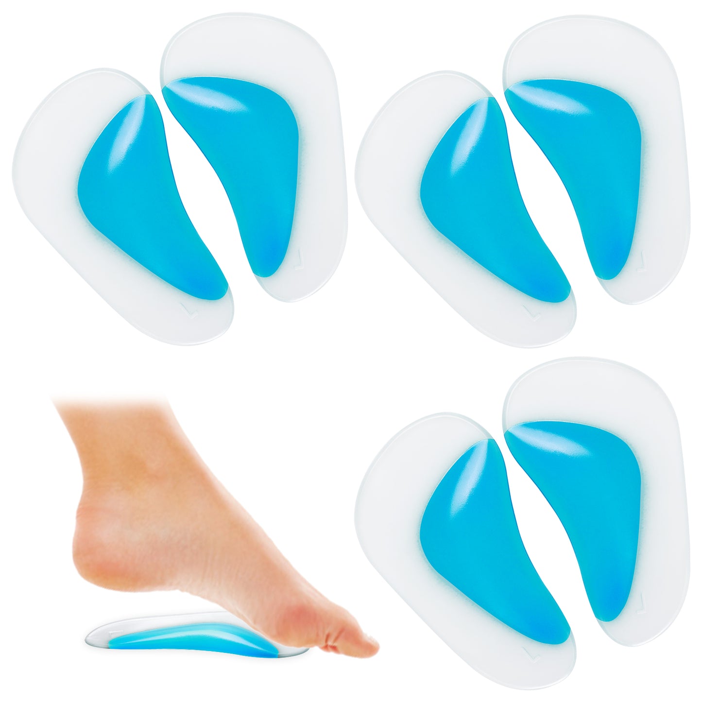 COMNICO 3 Pairs Arch Support Inserts Self-Adhesive Soft Gel Insole Arch Pads Transparent Silicone Reusable Sandals Shoe Insoles for Plantar Fasciitis Relief Flat Feet Flip Flops High Heel Arch Pain