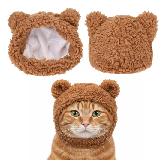 Cute Cat Costume Warm Bear Hat, Adjustable Soft Small Pet Headwear Cute Bunny Bear Pet Hat with Ears Soft, Comfortable Party Headwear Accessories for Small Puppy Dog Kitten (Brown)