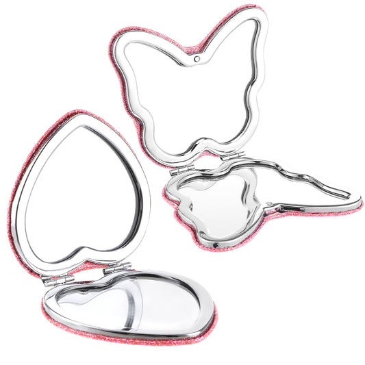 2 Pcs Compact Mirror Heart Butterfly Shaped Folding Magnifying Mirror Mini Portable Travel Makeup Mirror Double-Sided Cute Glitter Cosmetic Mirror for Women Handbag Wallet Home Office Vanity