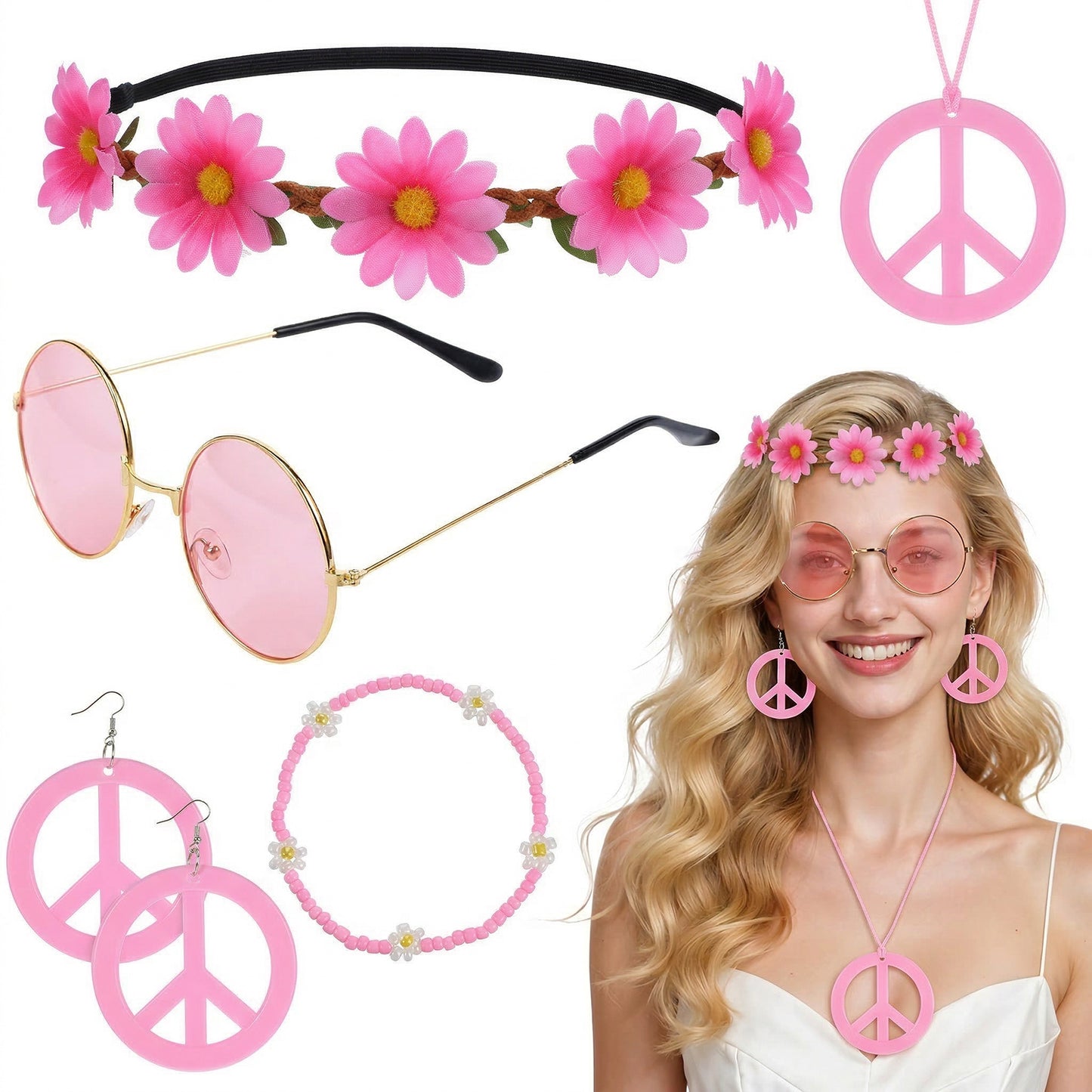 Hpmjz 6Pcs Hippie Costume Accessories Set, Boho Peace Sign Daisy Flower Round Hippie Sunglasses and Peace Sign Necklaces and Earrings 60s 70s Party Favors Decorations for Groovy Party Girls Women