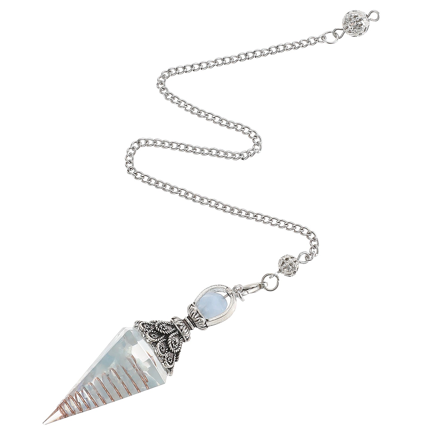 COMNICO Healing Crystal Pendulums, Aquamarine Spiritual Hexagonal Pointed Cone Resin Pendants with Chain, Divination Dowsing Tools Witchcraft Energy Balancing Accessories
