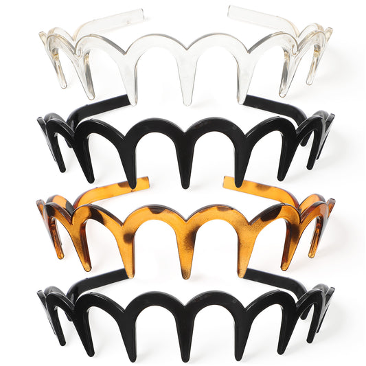Wanmu 4Pcs Zig Zag Headbands for Women Plastic U-Shaped Comb Headbands with Teeth Non-Slip Wavy Hair Band Vintage 90s Hair Accessories for Women and Men, Everyday Styling & Workout